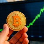 Een Bitcoin-munt voor een beursscherm met een stijgende groene koerslijn