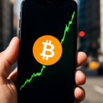 Smartphone met stijgende Bitcoin koersgrafiek en het oranje Bitcoin-logo, buiten op straat