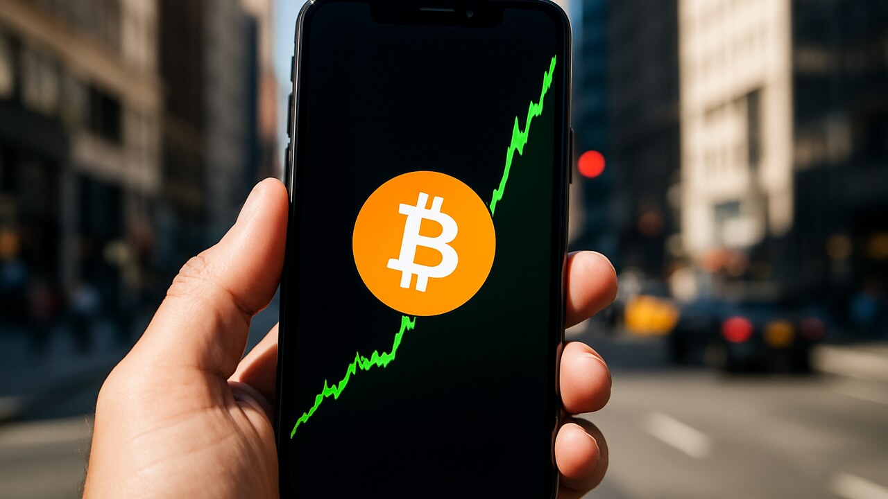 Smartphone met stijgende Bitcoin koersgrafiek en het oranje Bitcoin-logo, buiten op straat