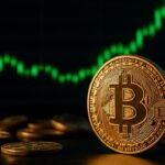 Een rechtopstaande Bitcoin-munt scherp belicht voor een groene stijgende koersgrafiek, met omgevallen altcoins wazig op de achtergrond.