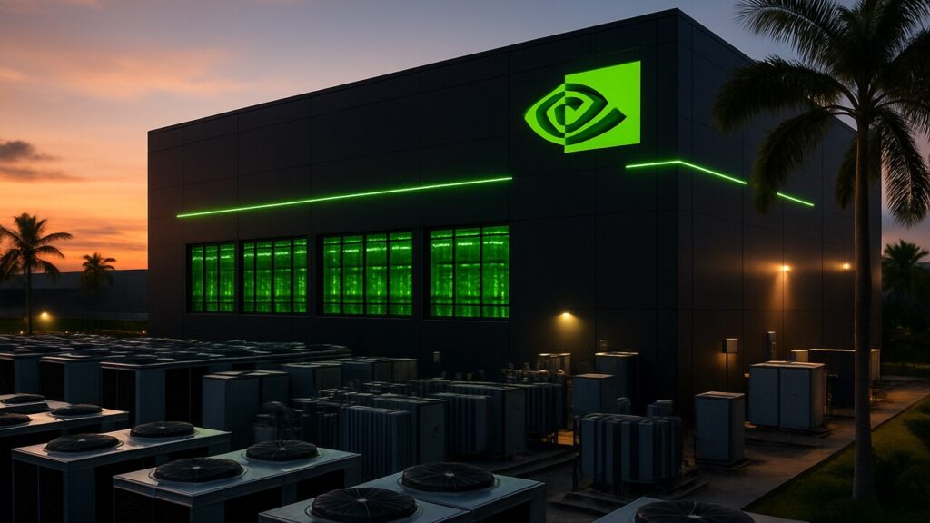 Extern aanzicht van een groot datacenter in Maleisie met koelinstallaties en stroomtransformatoren in warm avondlicht