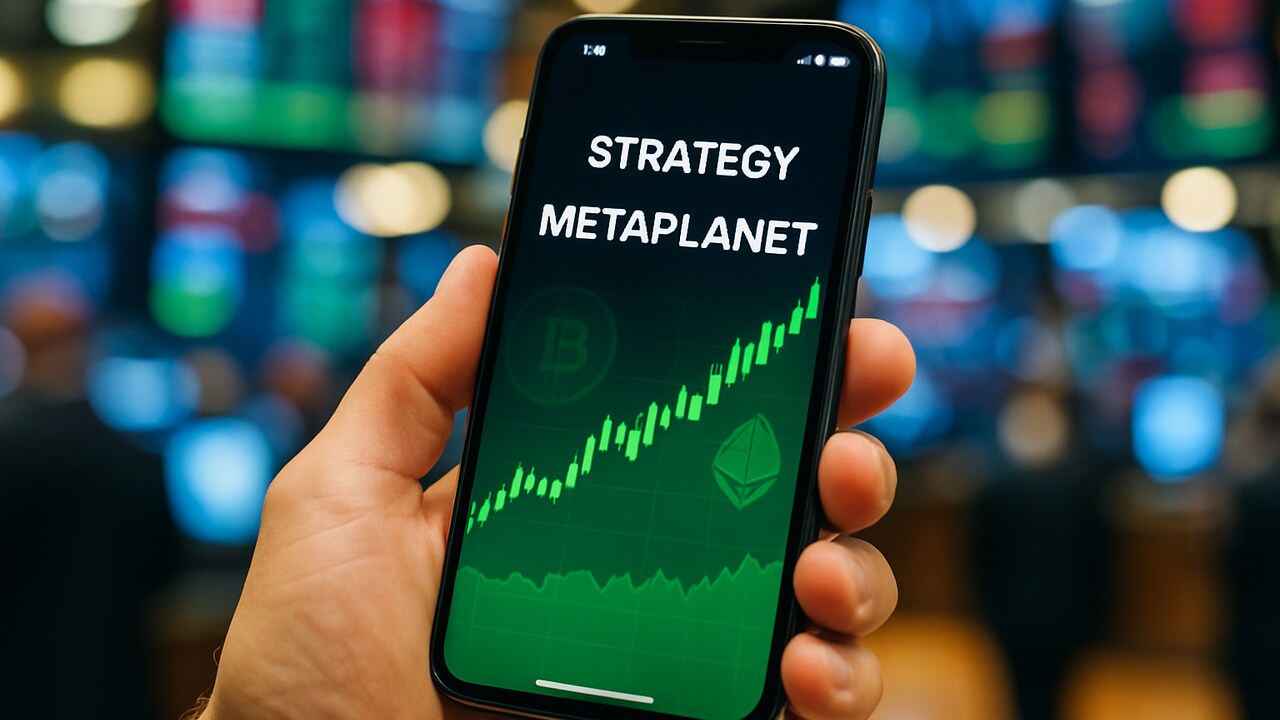 Smartphone toont een app met aandelen van Strategy en Metaplanet en een stijgende grafiek