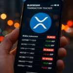 Smartphone toont een blockchain-tracker met het XRP-logo en gemarkeerde wallet-transacties van de Bitget-hacker