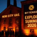Historisch bakstenen evenementengebouw in Montreal met een verlichte Bittensor Exploit Summit 2026 banner bij de ingang