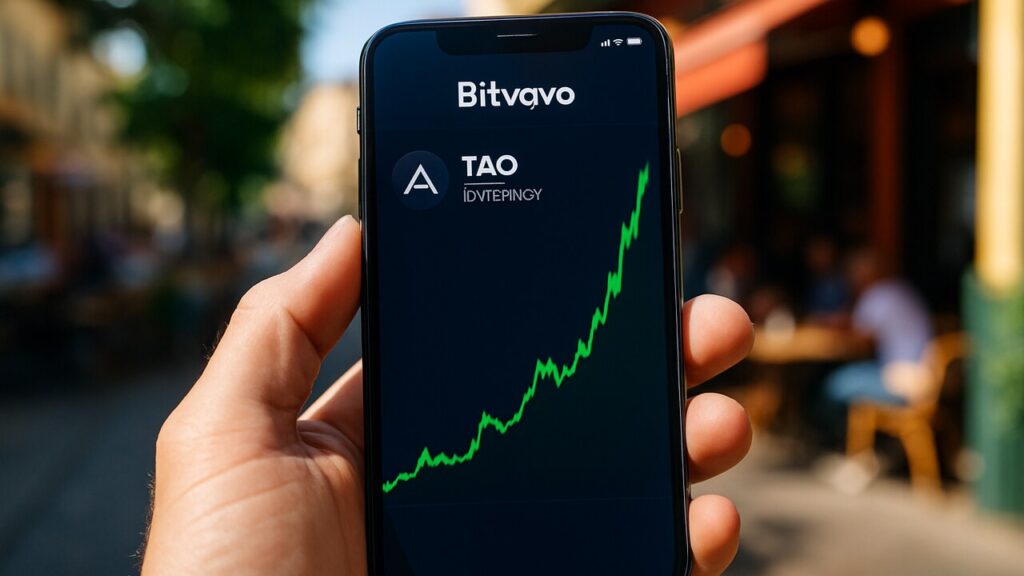 Smartphone met de Bitvavo-app en een stijgende groene koersgrafiek van Bittensor (TAO)
