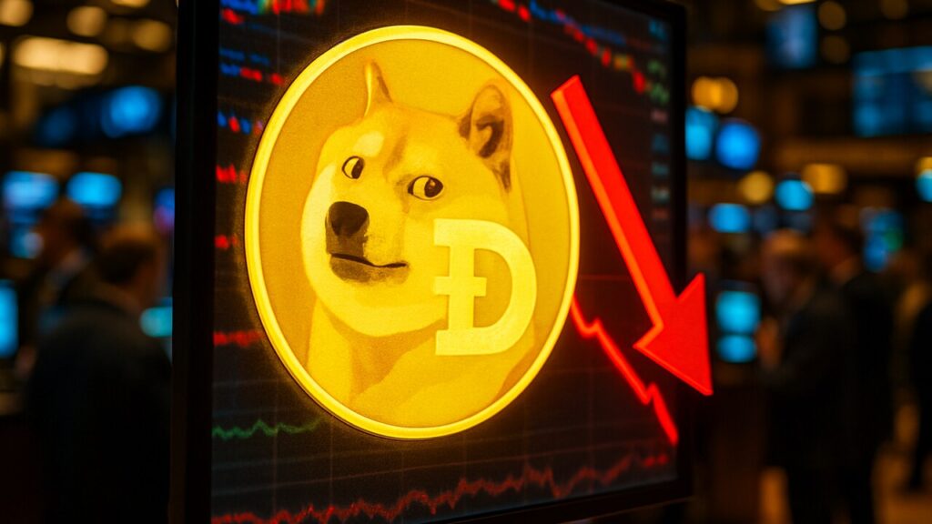Dogecoin-logo op een groot beursscherm met een rode dalende pijl
