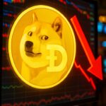 Dogecoin-logo op een groot beursscherm met een rode dalende pijl