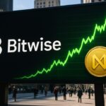 Bitwise-logo op een buitenscherm naast een groene stijgende NEAR-koersgrafiek