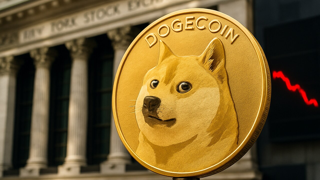 Fysieke Dogecoin-munt met Shiba Inu-logo voor de gevel van de New York Stock Exchange