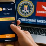 Handen plakken een Bitcoin-walletadres in een telefoon, met op de achtergrond een laptop met nieuws over de Sality-takedown.