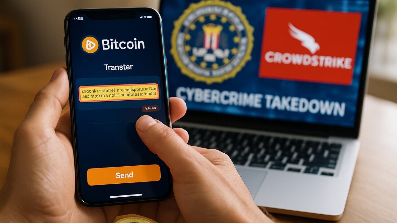 Handen plakken een Bitcoin-walletadres in een telefoon, met op de achtergrond een laptop met nieuws over de Sality-takedown.