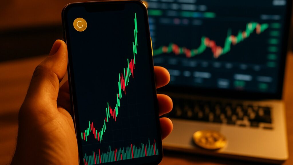 Smartphone met een sterk schommelende koersgrafiek van de Bitcoin-fork BTCB2 met een steile piek