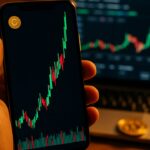 Smartphone met een sterk schommelende koersgrafiek van de Bitcoin-fork BTCB2 met een steile piek