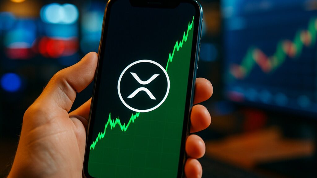 Smartphone met het Ripple XRP-logo en een stijgende groene grafiek, gehouden in een hand
