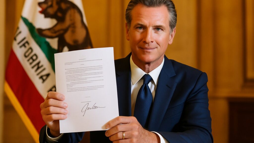 Gouverneur Gavin Newsom toont een ondertekende wet voor de vlag van Californië