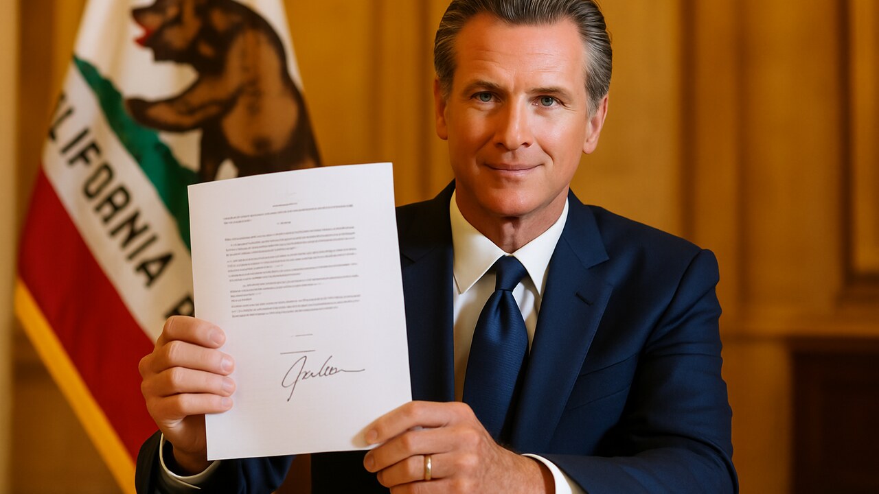 Gouverneur Gavin Newsom toont een ondertekende wet voor de vlag van Californië