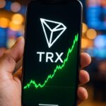 Smartphone met een stijgende groene TRX-koersgrafiek en het TRON-logo op het scherm