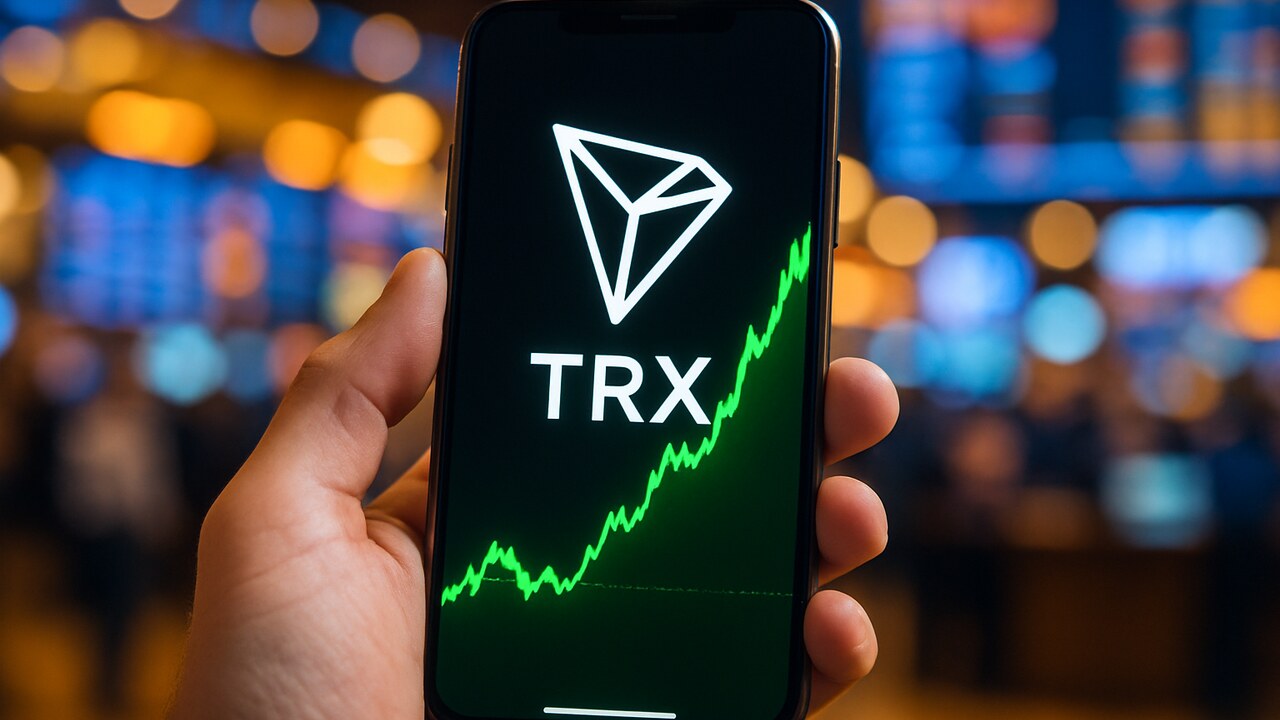 Smartphone met een stijgende groene TRX-koersgrafiek en het TRON-logo op het scherm