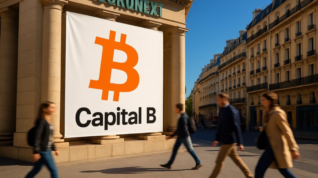 Gevel in Parijs met een oranje Bitcoin-logo en de naam Capital B op een banner