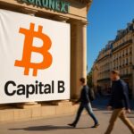 Gevel in Parijs met een oranje Bitcoin-logo en de naam Capital B op een banner