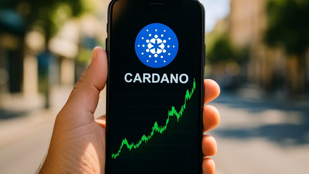 Smartphone toont een stijgende groene grafiek van de Cardano koers met het ADA-logo