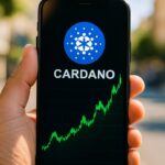 Smartphone toont een stijgende groene grafiek van de Cardano koers met het ADA-logo