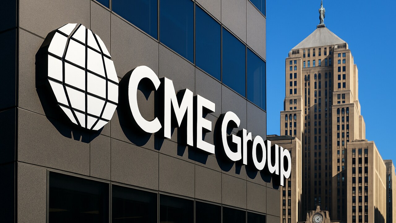 Vooraanzicht van het CME-gebouw in Chicago met logo bij helder daglicht