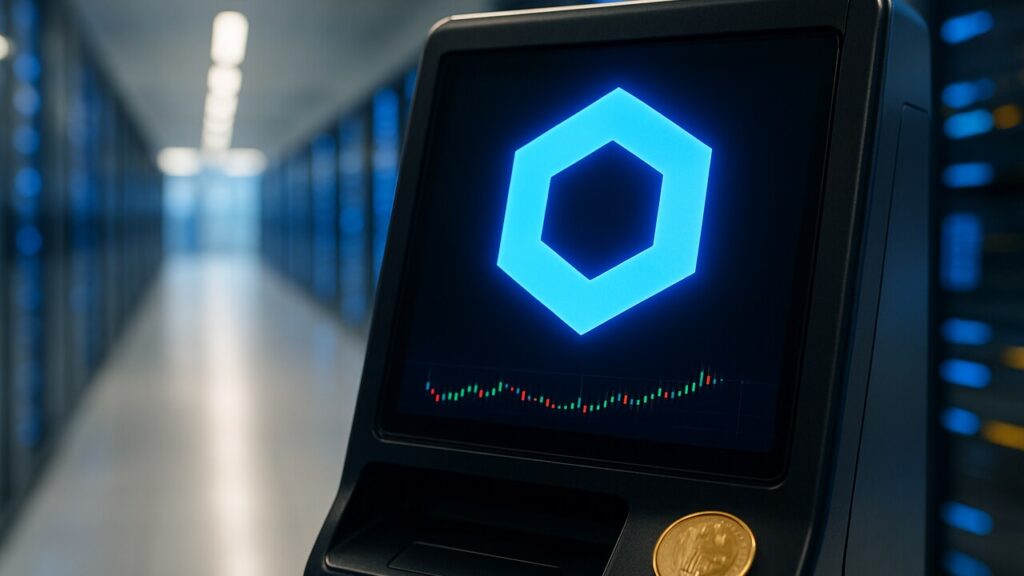 Het herkenbare Chainlink-logo op een digitaal bankterminal-scherm in een helder verlicht datacenter