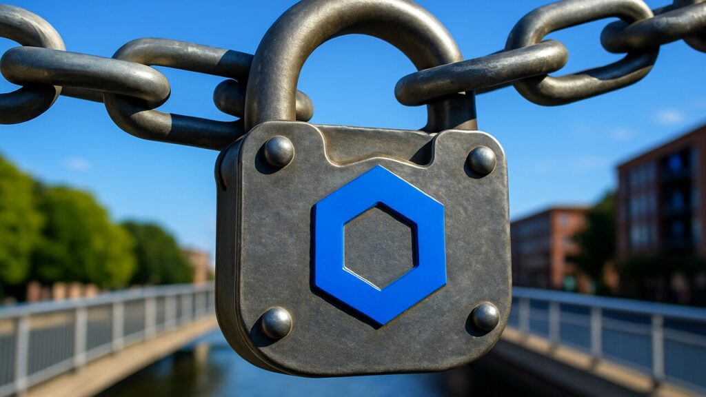Groot stalen hangslot met het blauwe Chainlink-logo aan een ketting over een brug in zonlicht