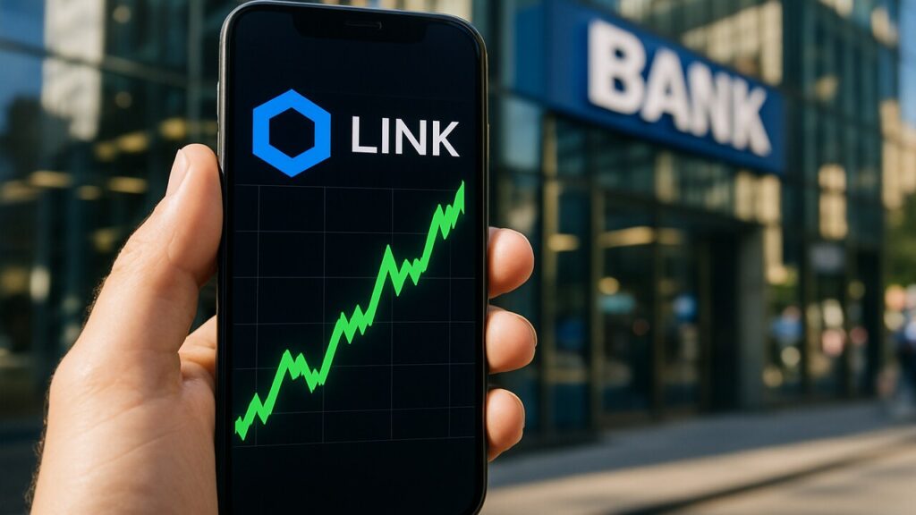 Smartphone toont stijgende Chainlink koersgrafiek met het blauwe LINK-logo voor een bankgebouw
