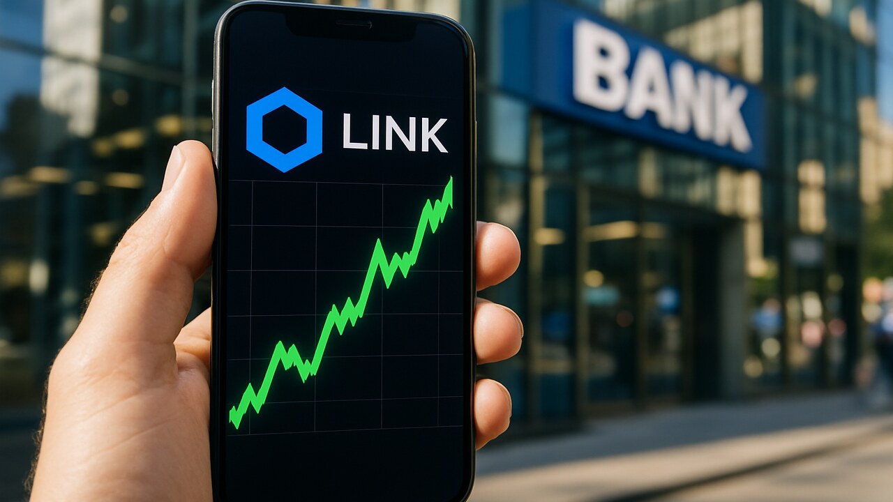Smartphone toont stijgende Chainlink koersgrafiek met het blauwe LINK-logo voor een bankgebouw