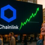 Groot buitenscherm op een stadsplein met het blauwe Chainlink-logo en een stijgende groene koersgrafiek