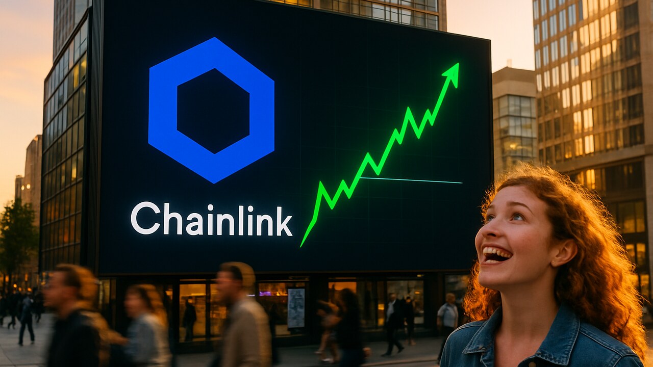 Groot buitenscherm op een stadsplein met het blauwe Chainlink-logo en een stijgende groene koersgrafiek
