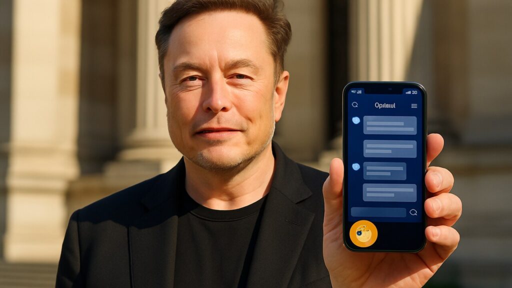 Elon Musk voor een museumgevel met een telefoon waarop een chatbot te zien is en een klein Dogecoin-logo