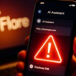 Smartphone met een AI-chatantwoord met verdachte link en een rood waarschuwingsteken, op de achtergrond het Flare-logo