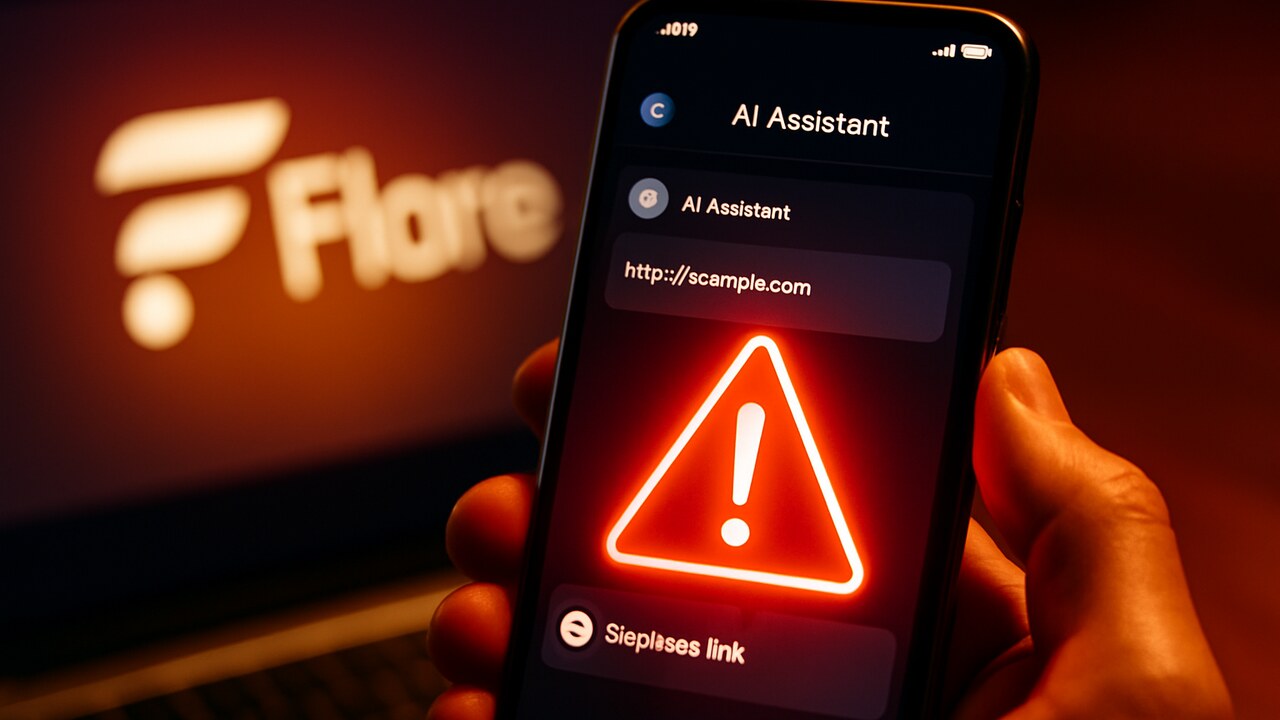 Smartphone met een AI-chatantwoord met verdachte link en een rood waarschuwingsteken, op de achtergrond het Flare-logo
