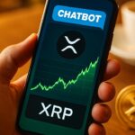 Smartphone toont een AI-chat met een stijgende groene XRP koersgrafiek en het XRP-logo