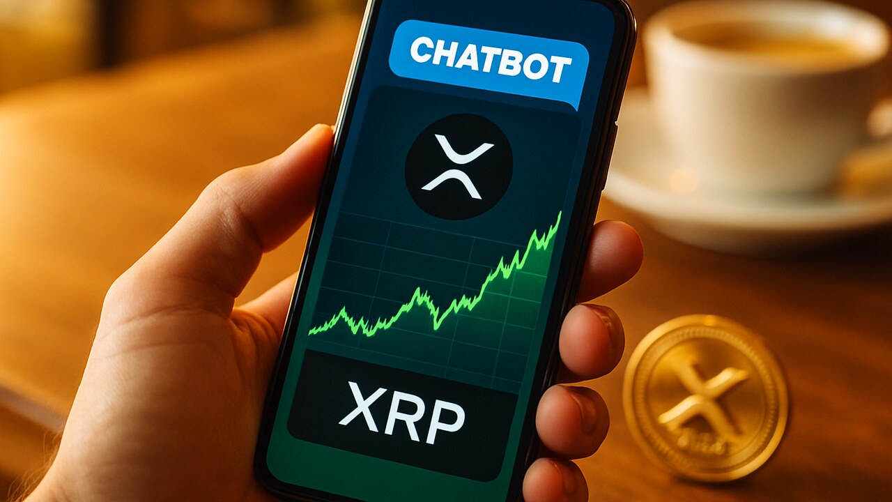 Smartphone toont een AI-chat met een stijgende groene XRP koersgrafiek en het XRP-logo