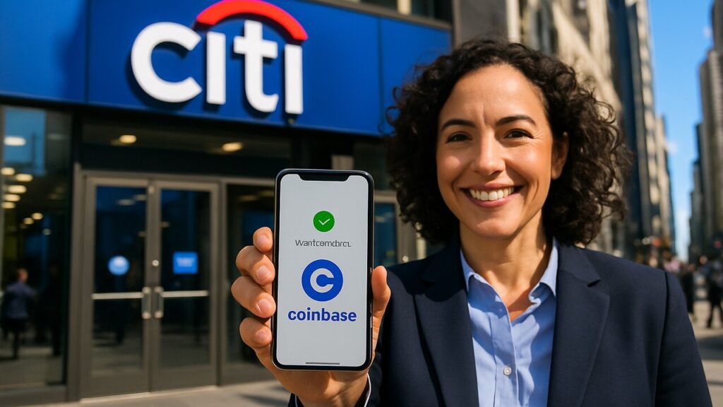 Zakenvrouw houdt een smartphone met Coinbase-betaalbevestiging omhoog voor een filiaal van Citi met groot logo op de gevel
