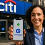 Zakenvrouw houdt een smartphone met Coinbase-betaalbevestiging omhoog voor een filiaal van Citi met groot logo op de gevel