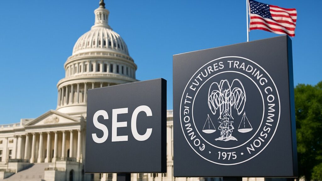 Het Amerikaanse Capitool met borden van de SEC en CFTC op de voorgrond