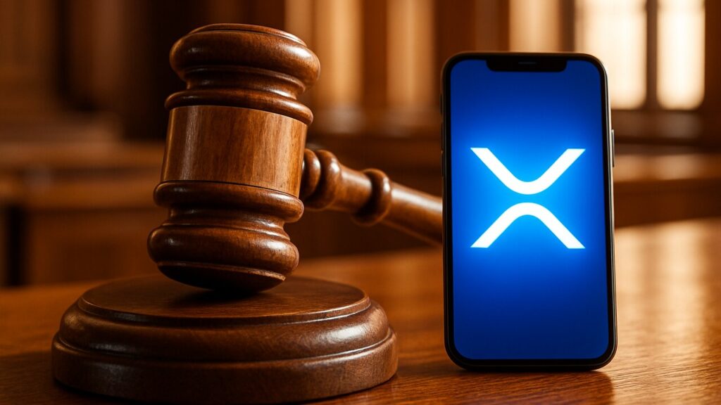 Rechtershamer naast een smartphone met het XRP-logo, symbool voor de afgewezen smaadzaak in de XRP-community