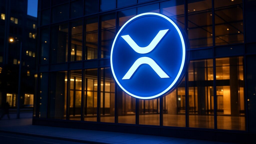 Groot XRP-logo op de gevel van een financieel gebouw, symbool voor de uitbreiding van kredietinfrastructuur op de XRP Ledger