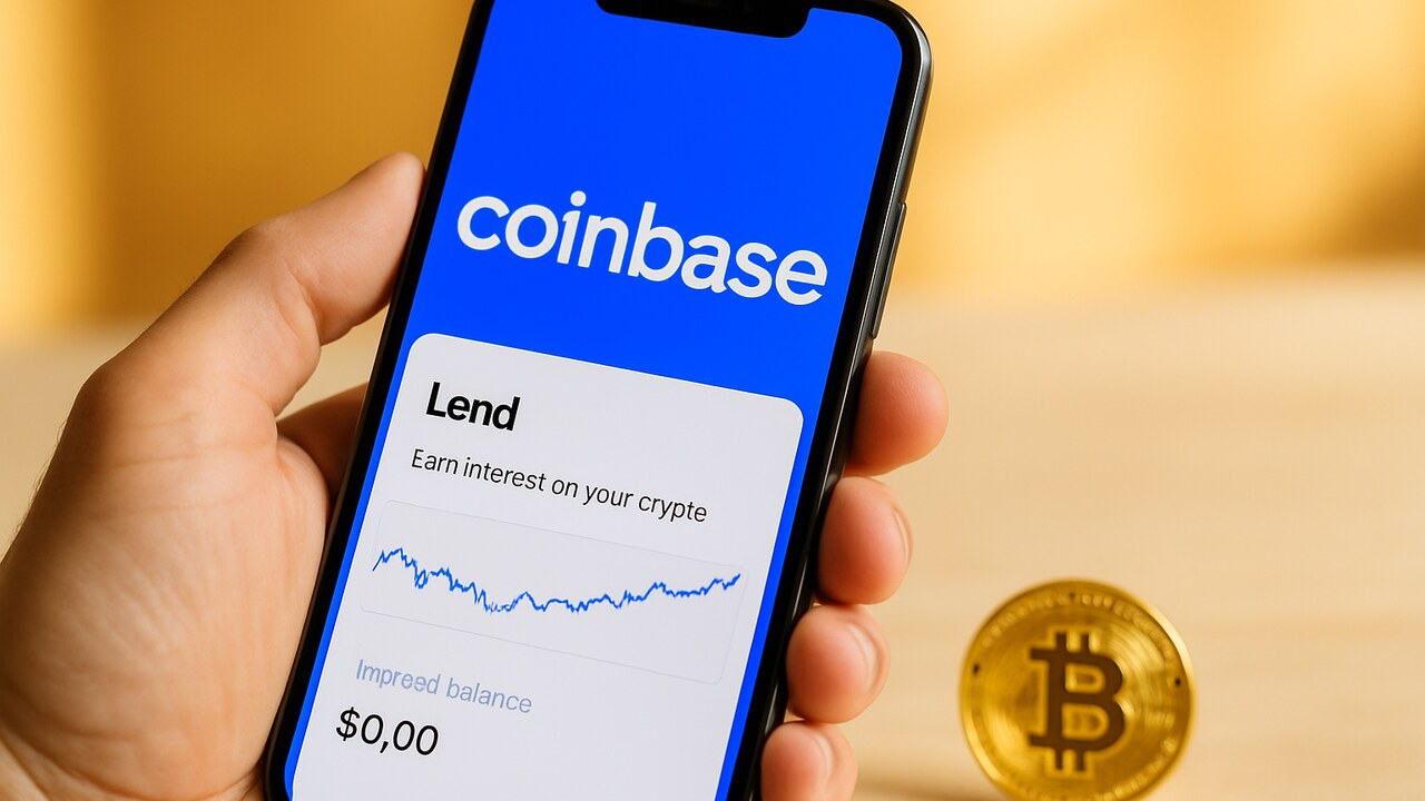 Smartphone met het Coinbase-logo en een leeninterface, met een fysieke Bitcoin-munt ernaast