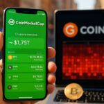 Telefoon met de CoinMarketCap-app naast een laptop met het CoinGlass-logo en derivatendata