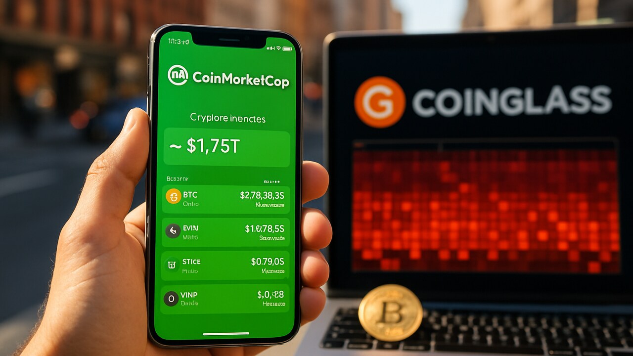 Telefoon met de CoinMarketCap-app naast een laptop met het CoinGlass-logo en derivatendata