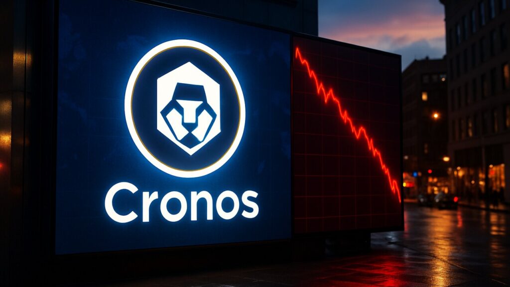 Cronos-logo op een groot buitenscherm met een rode dalende koersgrafiek ernaast
