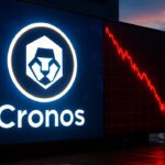 Cronos-logo op een groot buitenscherm met een rode dalende koersgrafiek ernaast