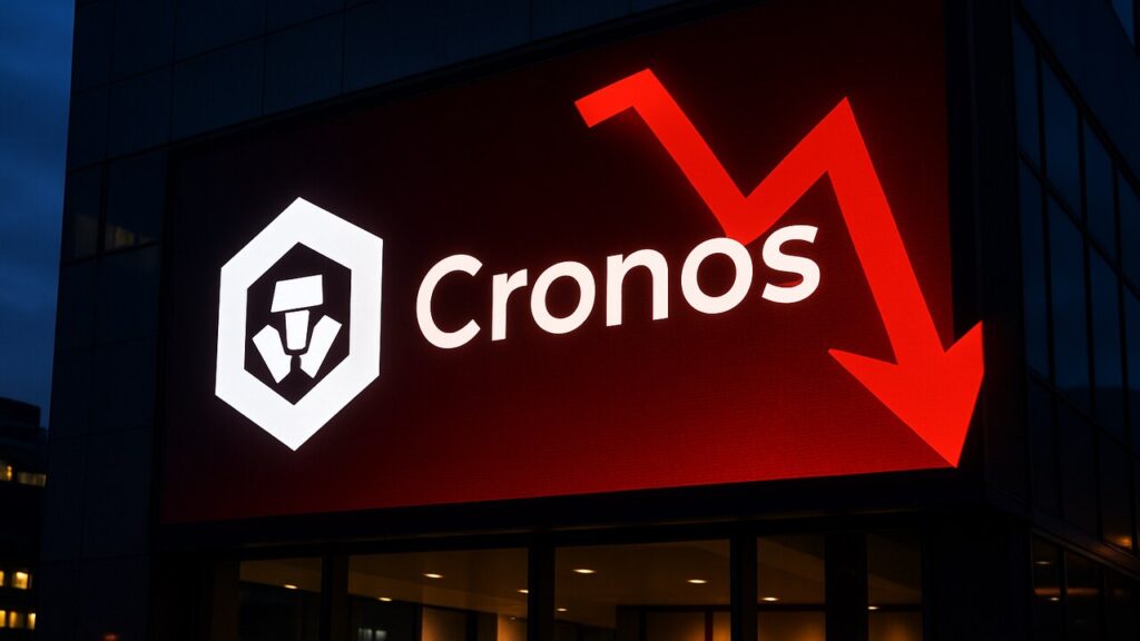 Groot verlicht Cronos-logo op een scherm aan een gebouw met een rode neerwaartse pijl