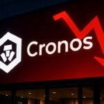 Groot verlicht Cronos-logo op een scherm aan een gebouw met een rode neerwaartse pijl